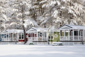 Cabin view of winter in Maine at Point Sebago Resort