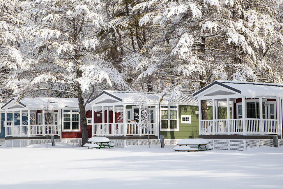 Cabin view of winter in Maine at Point Sebago Resort