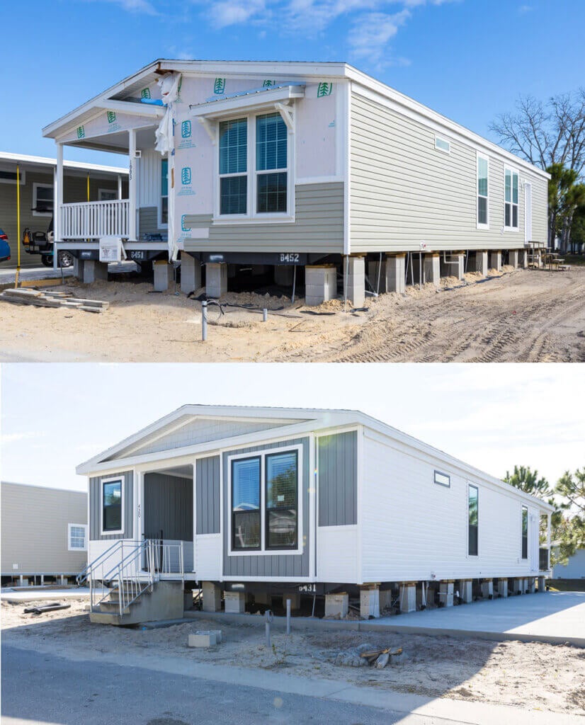 Different stages of factory built homes being installed at The Meadows in Tarpon Springs, Florida.