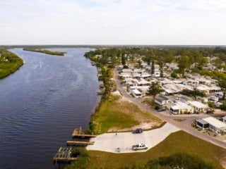 Aerial shot of River Vista RV Park &amp; Resort and the river
