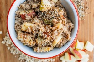 Oatmeal in a white bowl on a table