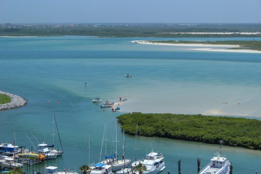 Aerial view of a marina and sandbar in Florida