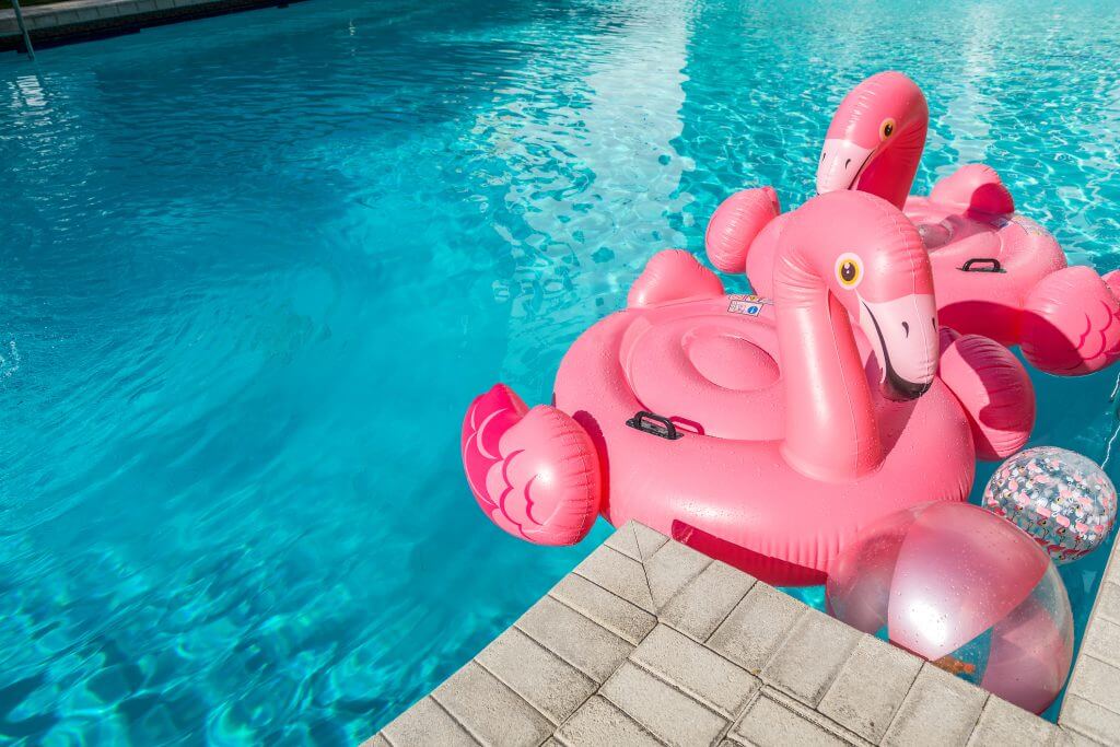 Pink Flamingo Pool Float stock photo