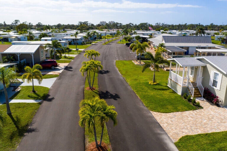 Estero Bay Village street view of the manufactured homes.