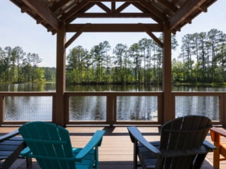 Two chairs on dock at Lake Jasper RV in South Carolina