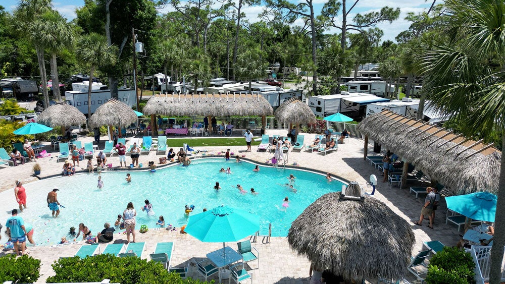 Packed swimming pool at Blueway RV Park in Fort Myers, Florida.