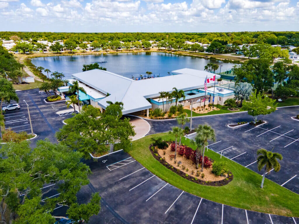 View of the clubhouse at Camelot East Village in Sarasota, Florida.