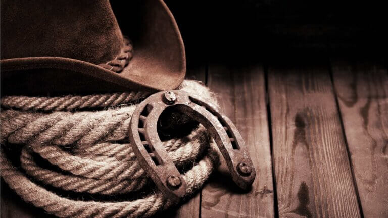 Old Horseshoe , Lariat Lasso and Cowboy by Billion Images in Canva.