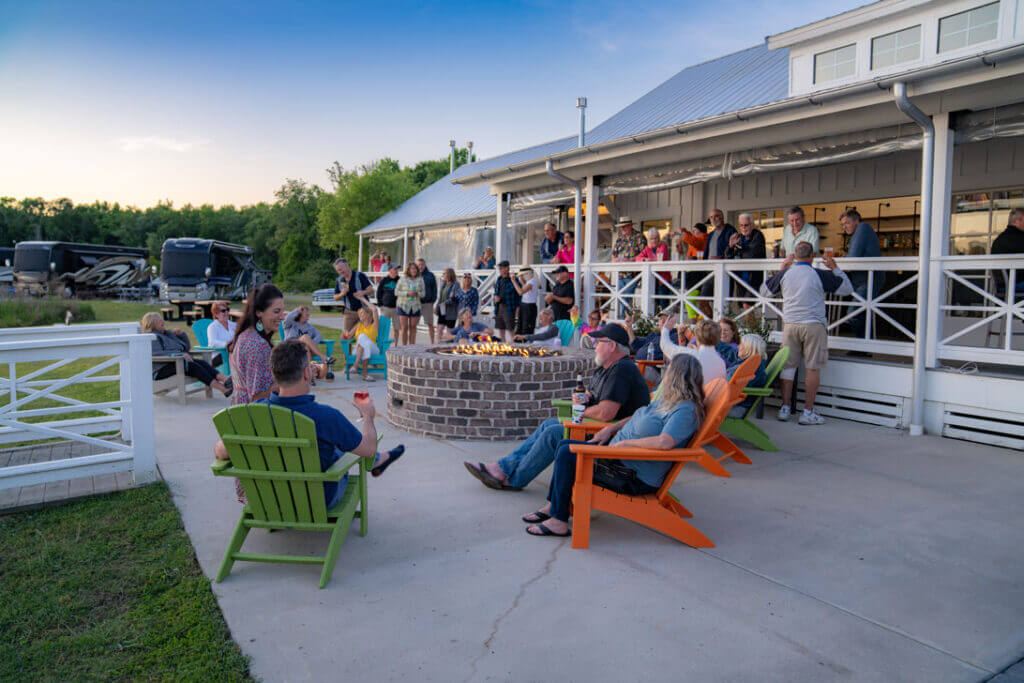 Group gathers outside the restaurant at CreekFire RV Resort in Savannah, Georgia.
