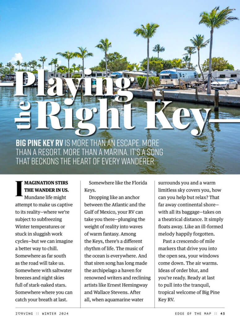 Big Pine Key's featured in I Heart RVing magazine in January 2024.