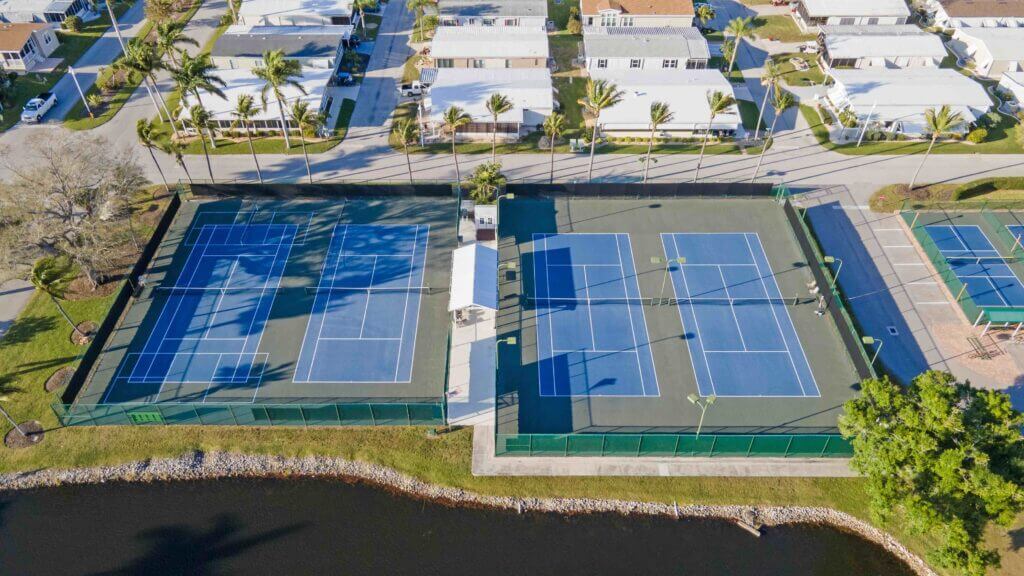 Overhead view of the tennis courts at Jamaica Bay Village in Florida.