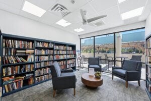 Library in the clubhouse at Camelot East Village in Sarasota, Florida.