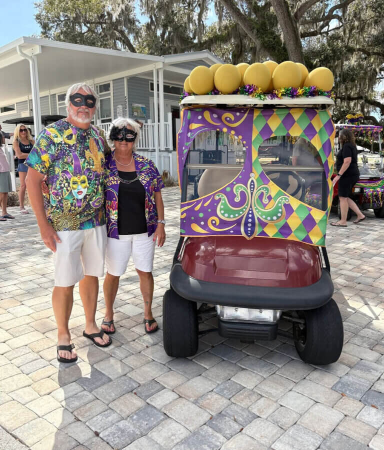 Residents celebrating Mardi Gras in Oak Harbor RV Park.