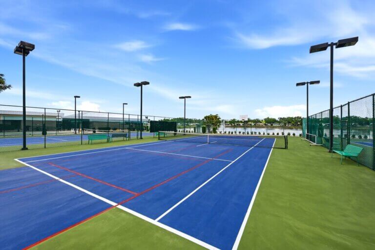 Pickleball court and tennis court at Camelot East Village in Sarasota, Florida.