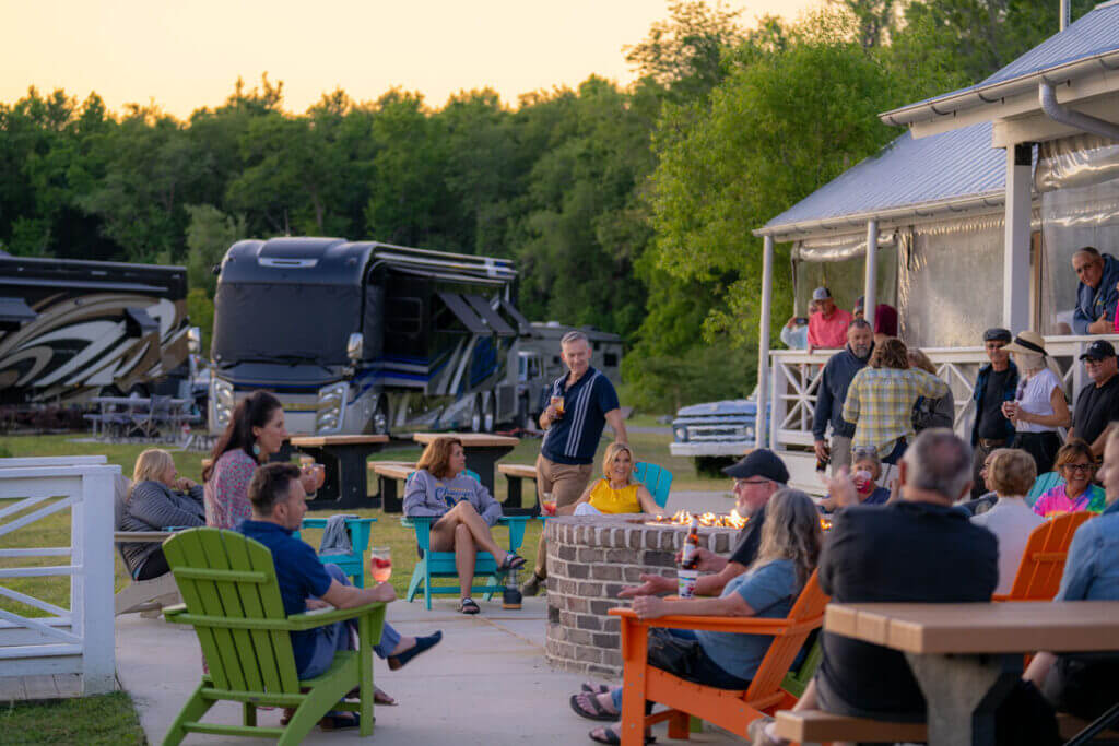 Party by the campfire at CreekFire RV Resort in Savannah, Georgia.