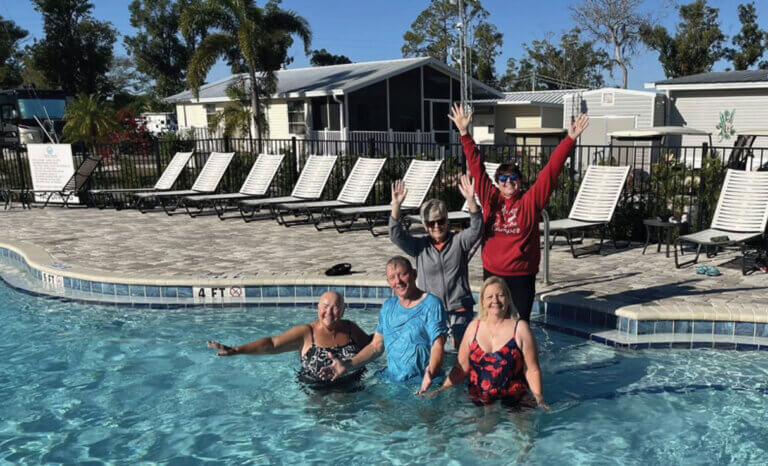 Residents doing a polar plunge for the new year at River Vista RV park in Ruskin, Florida.