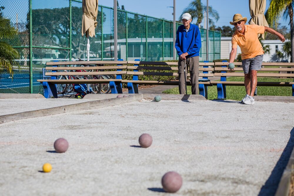 Residents playing bocce ball at Camelot Lakes Village in Sarasota, Florida.