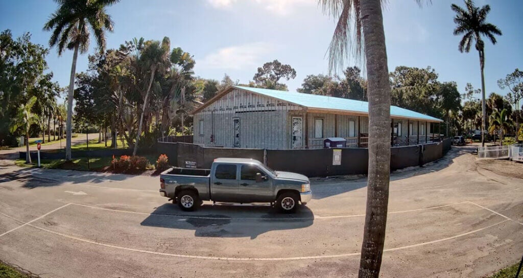 clubhouse-construction-fort-myers-blueway A truck passing by the clubhouse construction site at Blueway RV Park.