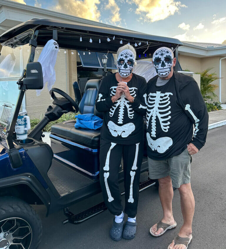 Residents dressed up in skeleton costumes for the Halloween Party at The Meadows in Tarpon Springs, Florida.