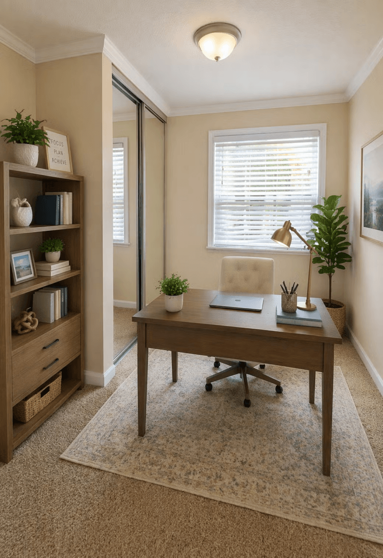 Staged home office in a manufactured home for sale in StrawBerry Ridge Village in Florida.