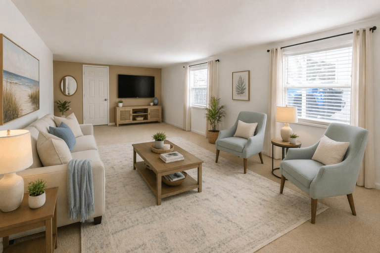 Living room in a manufactured home for sale in StrawBerry Ridge Village in Valrico, Florida.