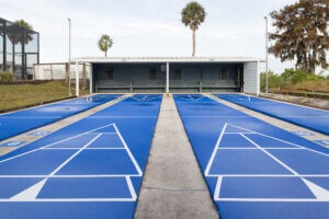 The shuffleboard courts at Lake Griffin Harbor Village in Leesburg, Florida.