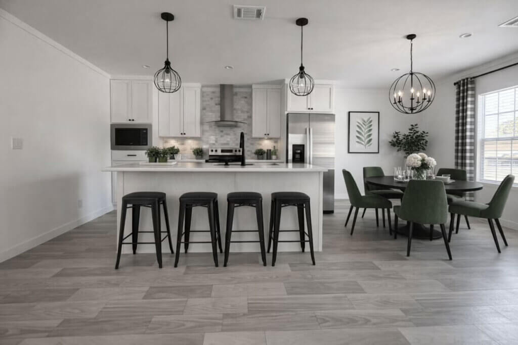 Staged kitchen inside a manufactured home for sale at Dunedin Village in Florida.
