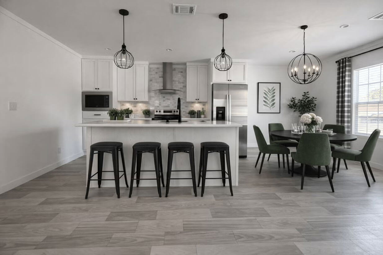 Staged kitchen inside a manufactured home for sale at Dunedin Village in Florida.