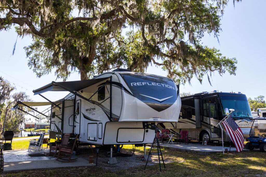 RVs parked at Oak Harbor RV Park in Haines City, Florida.