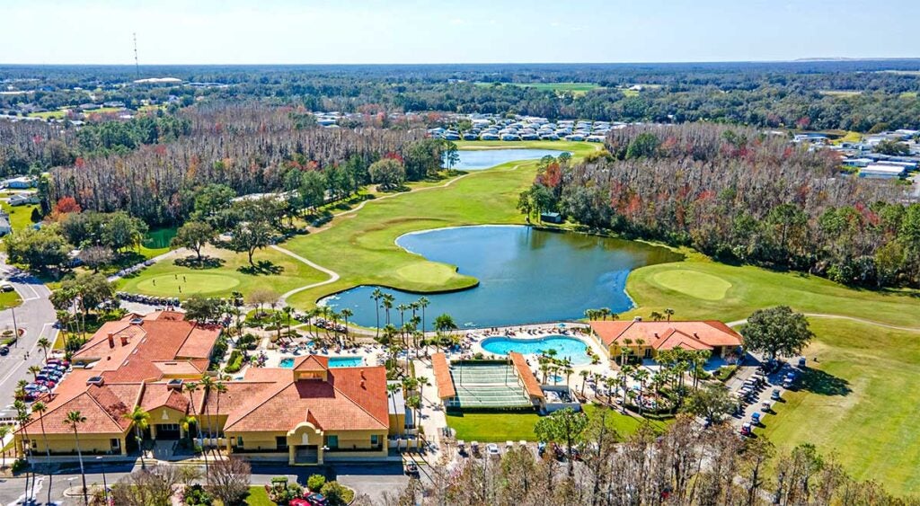 Aerial view of Cypress Lakes Village amenities and golf course.