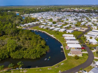 Bird eyes view of Estero Bay Villages homes on the Estero River.