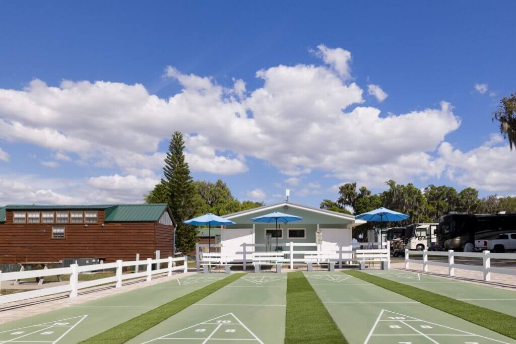 Renovated shuffleboard courts at Oak Harbor RV Park in FL.