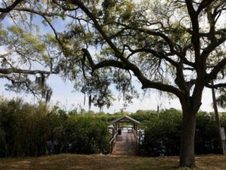 View of the deck and pier going out to the water at River Vista RV Park.