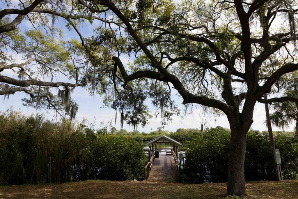 View of the deck and pier going out to the water at River Vista RV Park.