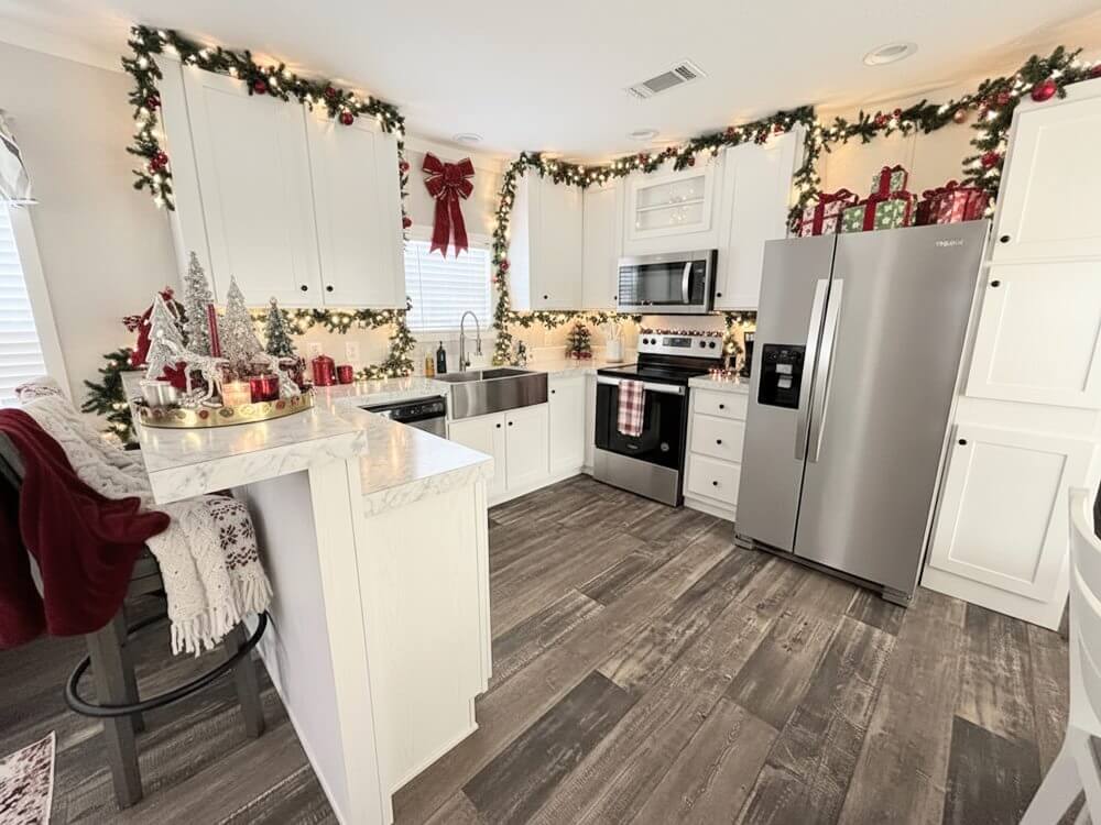 A kitchen decorated for Christmas