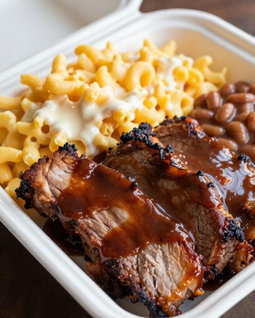 To go food container with smoked meat, mac n cheese, and baked beans.