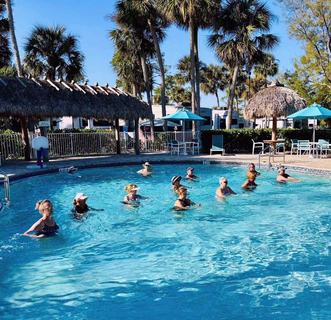 Guests at blueway RV in the pool for aqua aerobics class