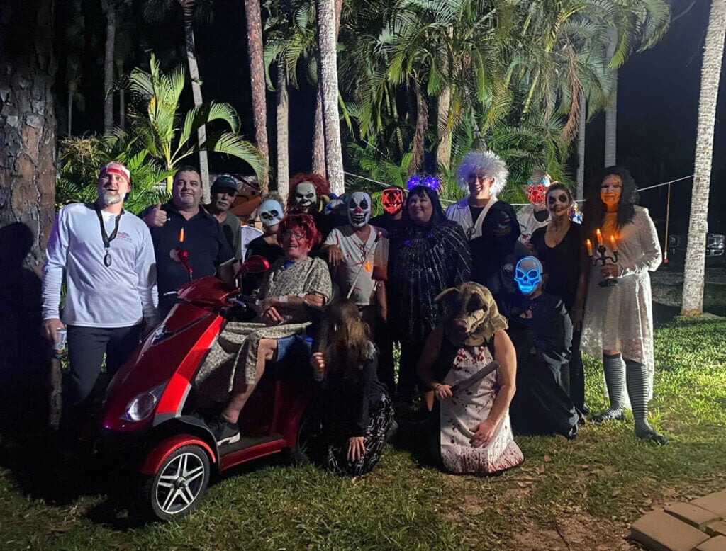 Guests in costumes celebrate at the Blueway halloween party