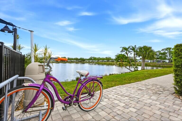 Bicycle parked along the lake at Camelot East Village in Sarasota, Florida.