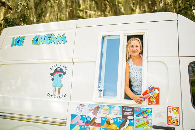 Owner inside of Peg Leg Ice Cream Truck in 55+ Cypress Lakes Village in Lakeland, FL.