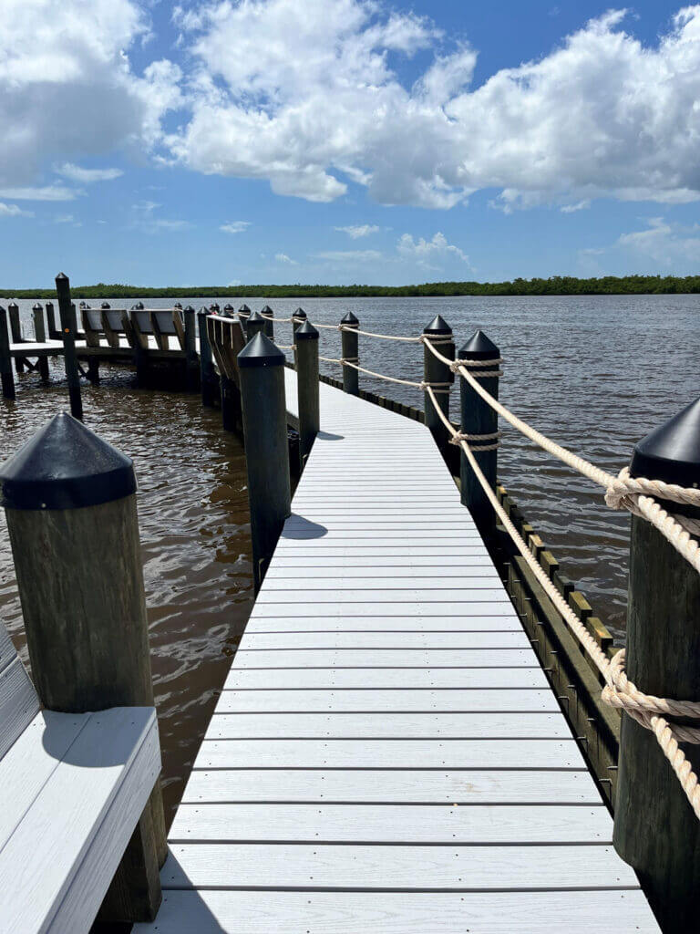 Newly renovated docks and boat slips at Chokoloskee RV Park in Florida.