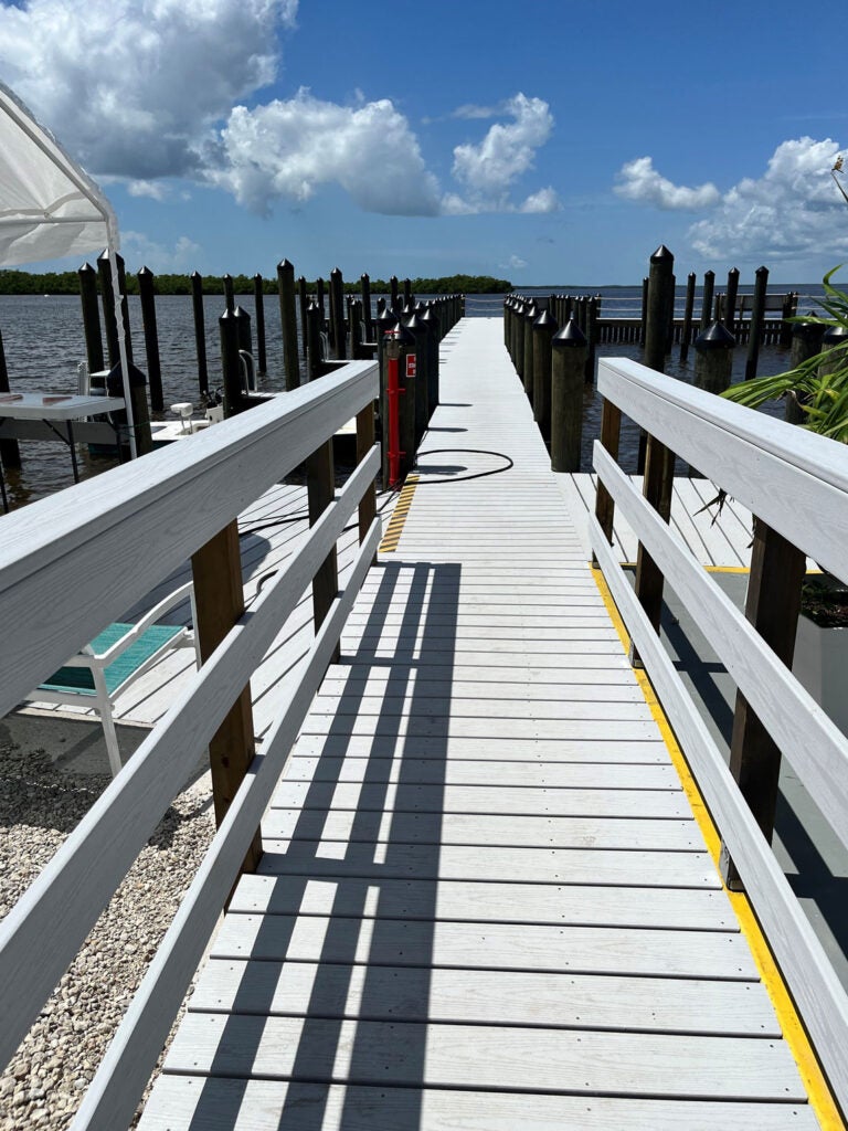 Newly renovated docks and boat slips at Chokoloskee RV Park in Florida.