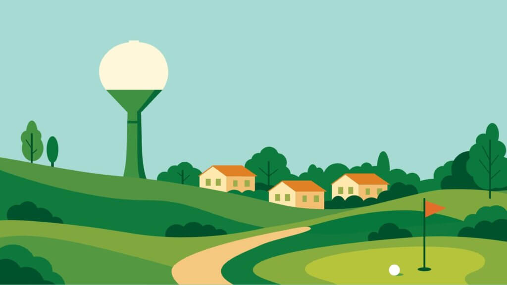 Cartoon graphic showing Rolling Greens Village community including the tower, homes, and golf course.