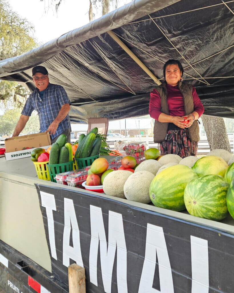 Small business Fruit and Veggie Truck comes to 55+ Holiday RV Park in Leesburg, FL to sell local produce.