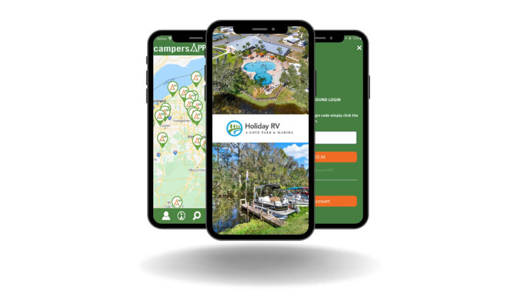 CampersApp display on a smartphone for Holiday RV Park in Leesburg, Florida.