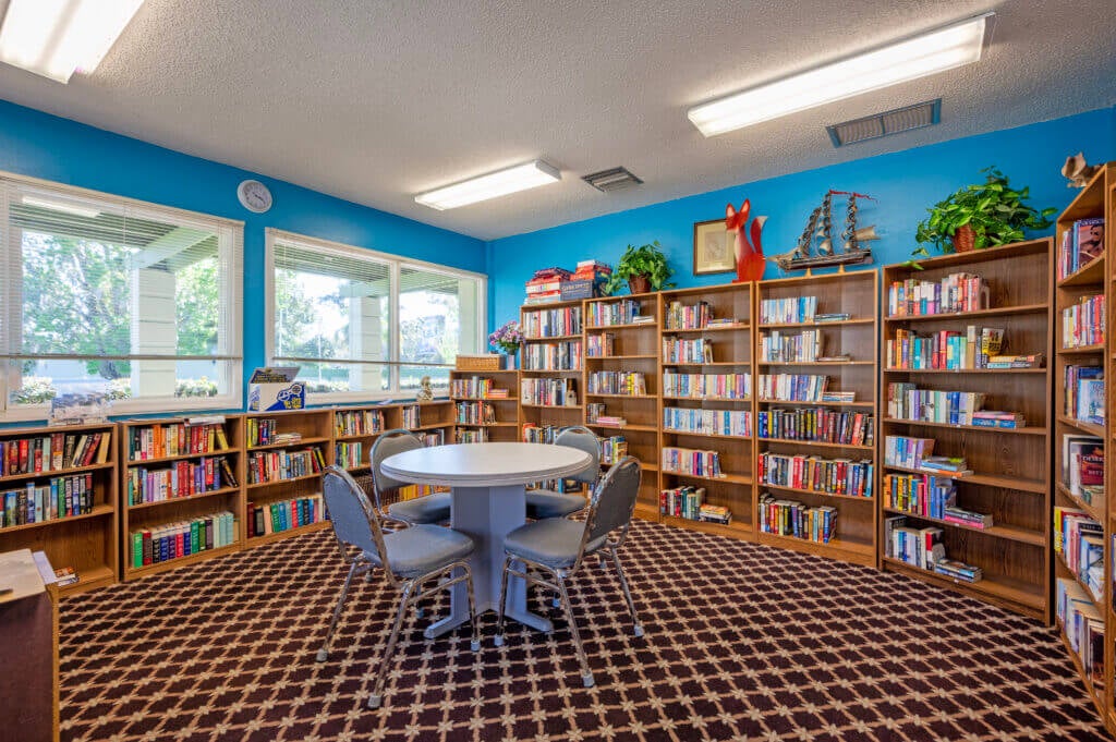 An inside view of the library at Hyde Park Village in Florida.