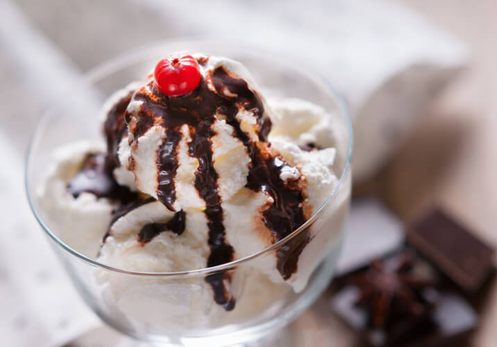 Scoop of vanilla ice cream with fudge and a cherry on top in a clear bowl.