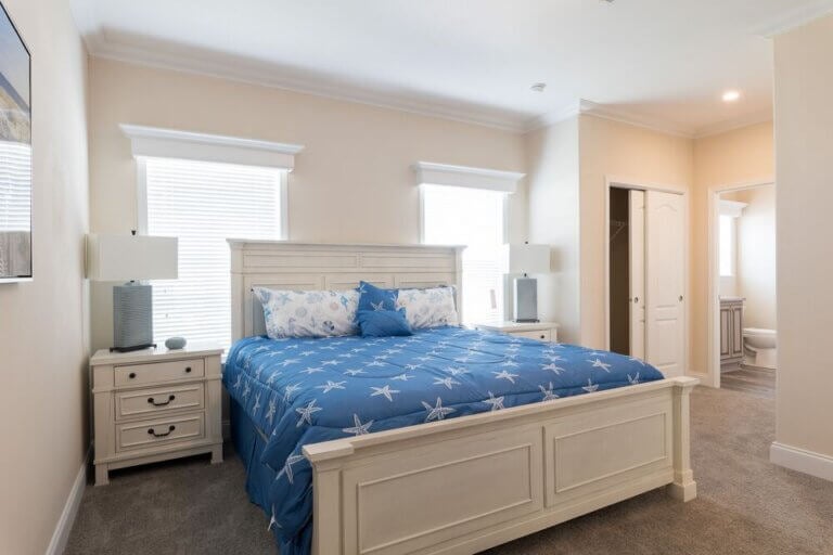 Bedroom inside a park model home at The Waters in Melbourne Beach, Florida.