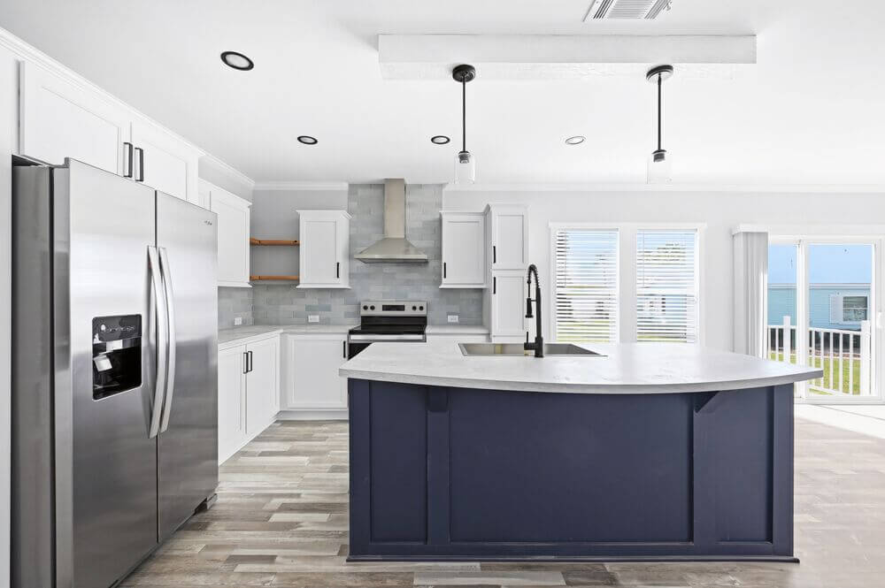 Kitchen within a new manufactured home in Camelot East Village in Sarasota, Florida.