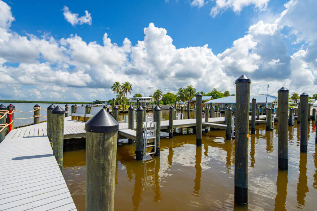 Renovated docks at boat slips at Chokoloskee RV Park in Florida